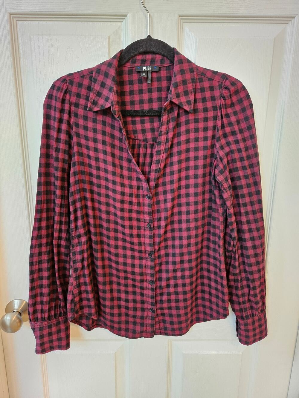 PAIGE XS Buffalo Check Plaid Button Up Top Pink Black Long Sleeve Blouse